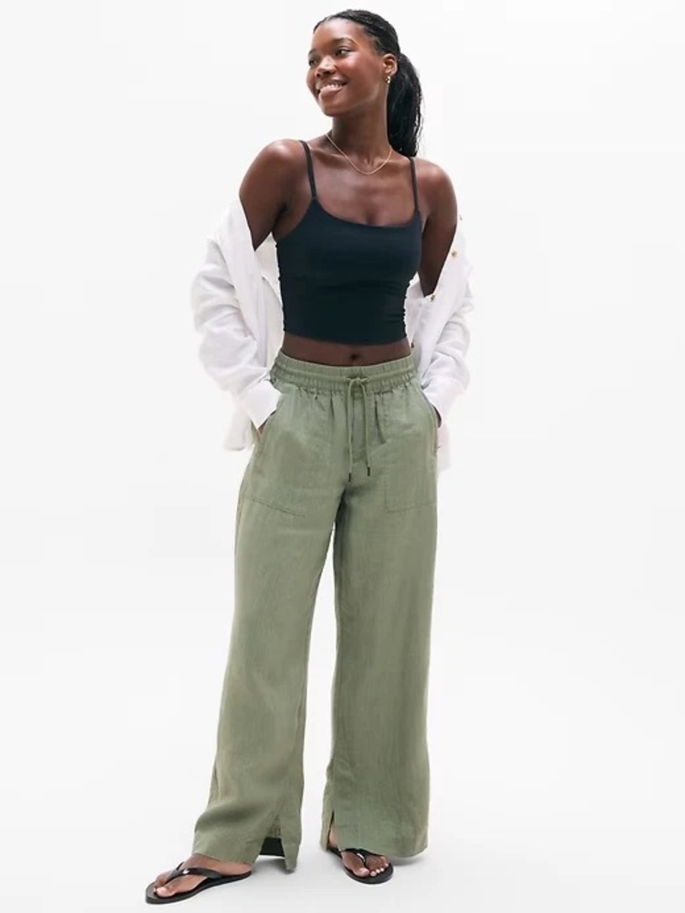 Athleta Olive Green retreat, linen, high-rise, wide leg pant